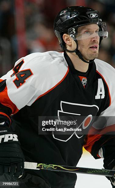 Kimmo Timonen of the Philadelphia Flyers looks on against the San Jose Sharks on February 21, 2008 at the Wachovia Center in Philadelphia,...