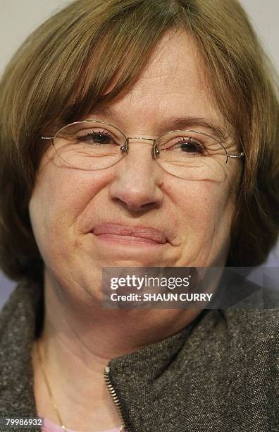 Dominique Delagrange, the mother of murdered French student Amelie Delagrange, is pictured at a press conference in London, on February 25, 2008....