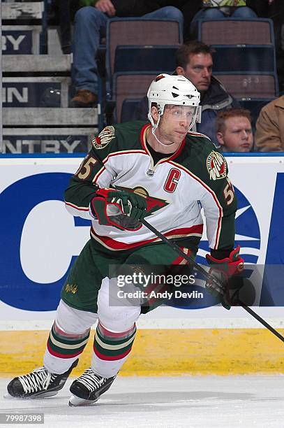 Nick Schultz of the Minnesota Wild follows the play during a game against the Edmonton Oilers at Rexall Place on February 12, 2008 in Edmonton,...