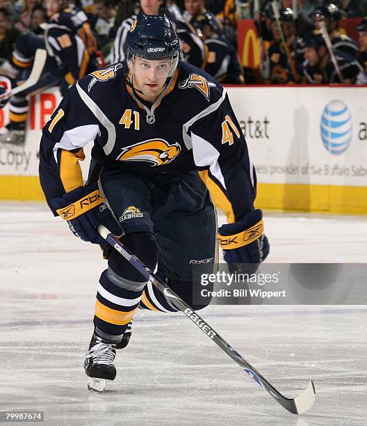 Clarke MacArthur of the Buffalo Sabres skates against the New York Rangers on February 23, 2008 at HSBC Arena in Buffalo, New York.