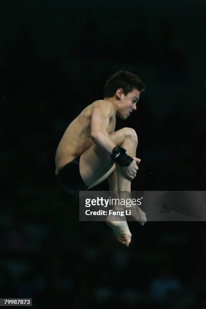 Great Britain's Tom Daley competes during the men's 10m platform final of the "Good Luck Beijing" 2008 16th FINA Diving World Cup at the National...