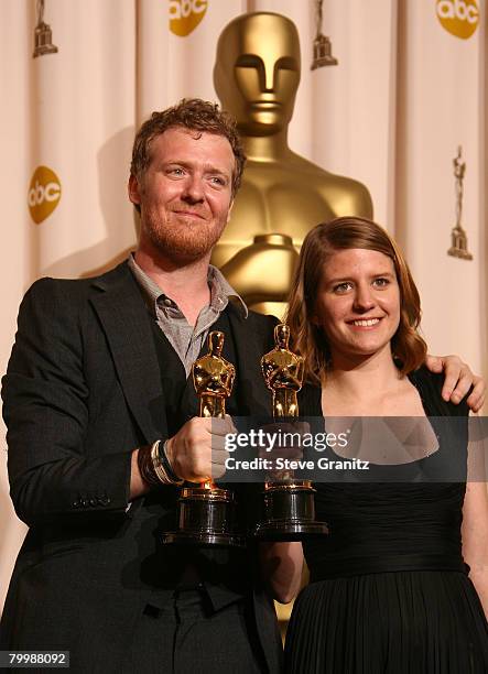 Musician/Actor Glen Hansard and Musician/Actress Marketa Irglova poses in the press room during the 80th Annual Academy Awards at the Kodak Theatre...