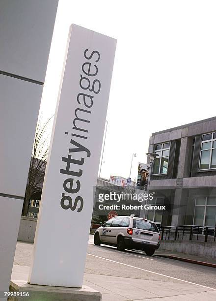 Sign stands outside Getty Images corporate headquarters February 25, 2008 in Seattle, Washington. The company announced it had been acquired by...