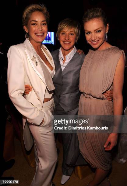 Actress Sharon Stone, TV Personality Ellen DeGeneres and Actress Portia De Rossi attends the 16th Annual Elton John AIDS Foundation Academy Awards...