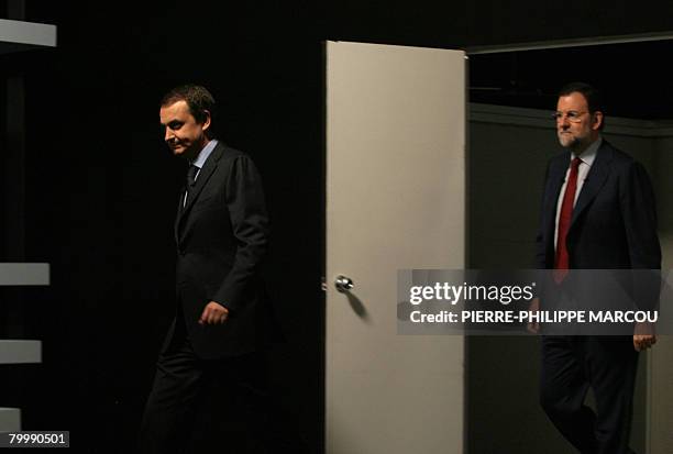 Spanish Prime Minister Jose Luis Rodriguez Zapatero and his Popular Party rival Mariano Rajoy arrive for a television debate in Madrid on February...