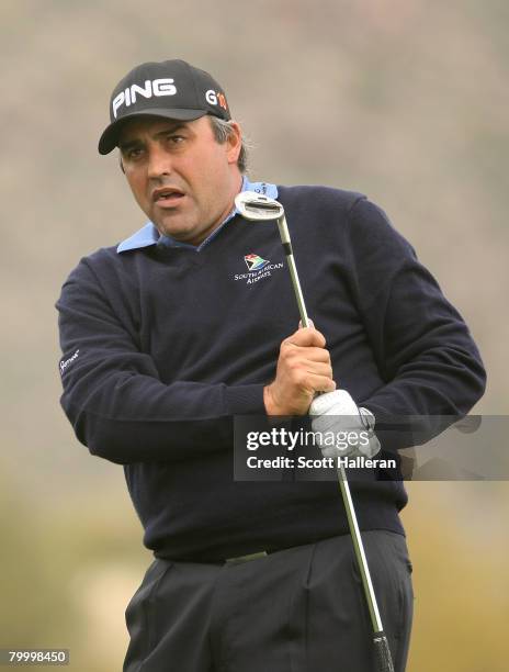 Angel Cabrera watches a shot during the third round matches of the WGC-Accenture Match Play Championship at The Gallery at Dove Mountain on February...