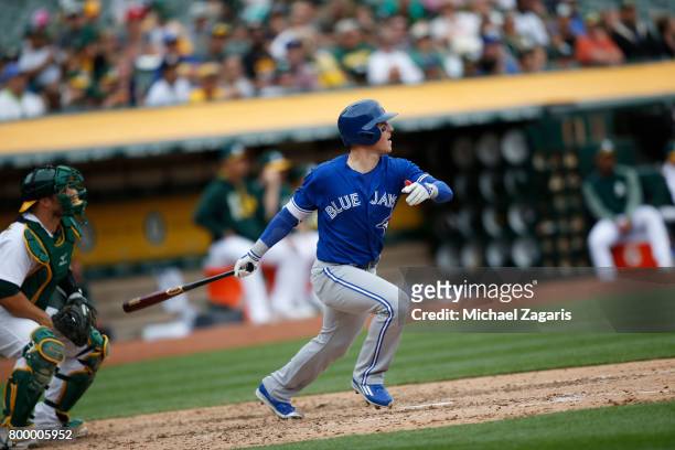 Chris Coghlan of the Toronto Blue Jays bats during the game against the Oakland Athletics at the Oakland Alameda Coliseum on June 7, 2017 in Oakland,...