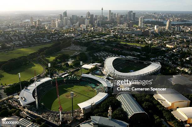 Aerial view of the Sydney Cricket Ground and the Sydney Football Stadium on February 24, 2008 in Sydney, Australia. The Sydney Cricket Ground played...