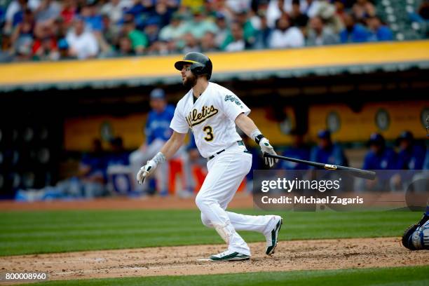 Trevor Plouffe of the Oakland Athletics hits a home run during the game against the Toronto Blue Jays at the Oakland Alameda Coliseum on June 7, 2017...