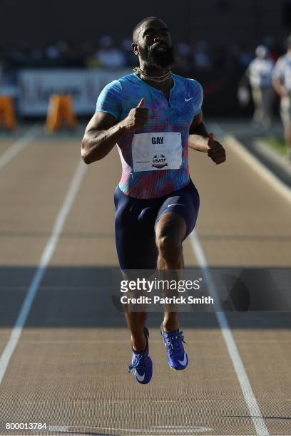 Tyson Gay competes in the Men's 100m during Day 1 of the 2017 USA Track & Field Outdoor Championships at Hornet Stadium on June 22, 2017 in...