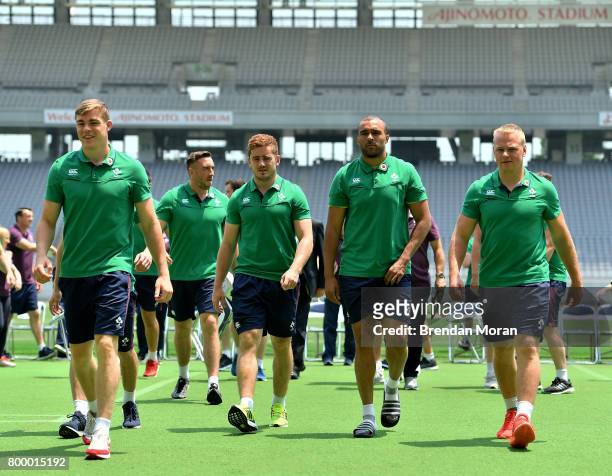 Tokyo , Japan - 23 June 2017; Irish players, from left, Garry Ringrose, Paddy Jackson, Simon Zebo and Luke Marshall after having their squad...