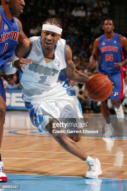 Allen Iverson of the Denver Nuggets goes to basket against the Detroit Pistons on February 25, 2008 at the Pepsi Center in Denver, Colorado. NOTE TO...