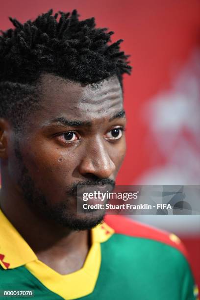Andre-Frank Zambo Anguissa of Cameroon looks on during an interview after the FIFA Confederation Cup Group B match between Cameroon and Australia at...