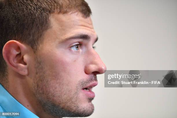 James Troisi of Autralia talks with the media after the FIFA Confederation Cup Group B match between Cameroon and Australia at Saint Petersburg...