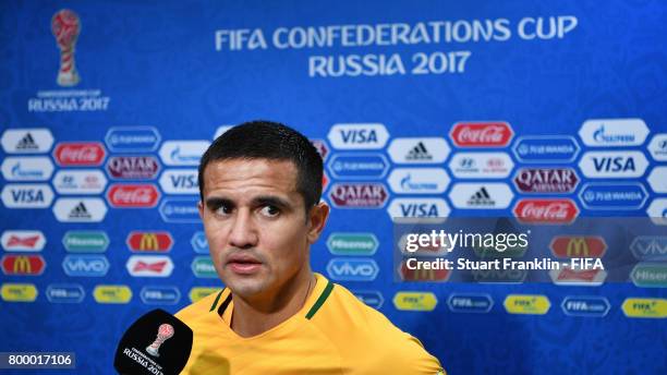 Tim Cahill of Autralia talks with the media after the FIFA Confederation Cup Group B match between Cameroon and Australia at Saint Petersburg Stadium...