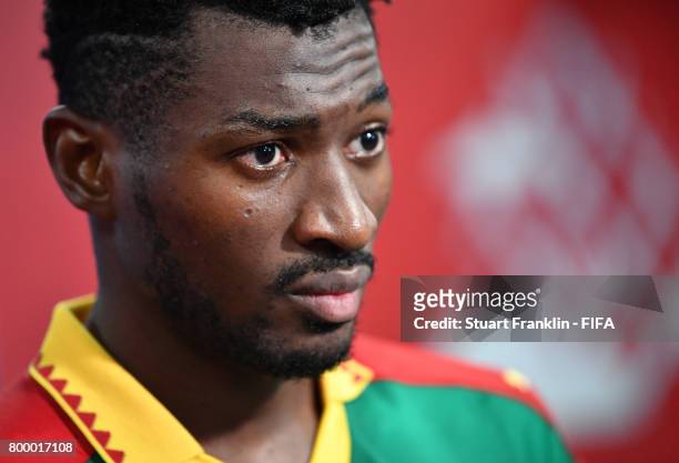 Andre-Frank Zambo Anguissa of Cameroon looks on during an interview after the FIFA Confederation Cup Group B match between Cameroon and Australia at...