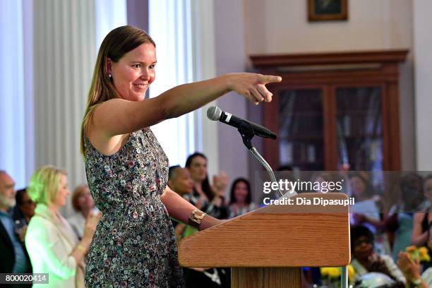 Women's Sports Foundation president Grete Eliassen speaks onstage during the Women's Sports Foundation 45th Anniversary of Title IX celebration at...