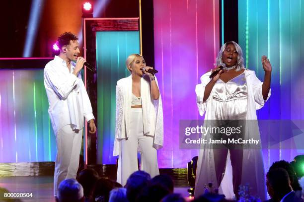 Wrabel, Hayley Kiyoko and Alex Newell perform onstage at the Logo's 2017 Trailblazer Honors event at Cathedral of St. John the Divine on June 22,...