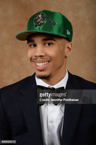 Jayson Tatum poses for a portrait after being drafted number three overall to the Boston Celtics during the 2017 NBA Draft on June 22, 2017 at...