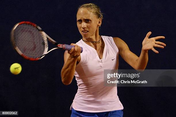 Julia Schruff of Germany plays a forehand against Greta Arn of Hungary during day one of the Abierto Mexicano Telcel Open February 25, 2008 in...