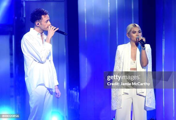 Wrabel and Hayley Kiyoko perform onstage at the Logo's 2017 Trailblazer Honors event at Cathedral of St. John the Divine on June 22, 2017 in New York...