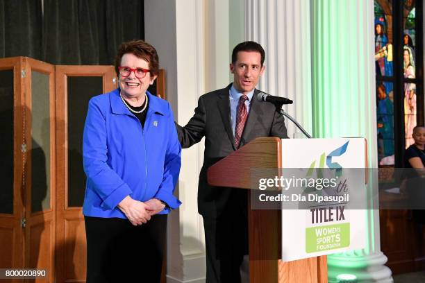 Women's Sports Foundation founder Billie Jean King and Brett Goodman speak onstage during the Women's Sports Foundation 45th Anniversary of Title IX...