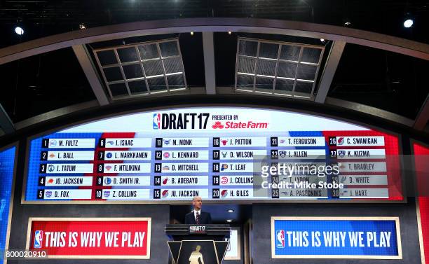 Commissioner speaks as the draft board is seen displaying picks 1 through 30 after the first round of the 2017 NBA Draft at Barclays Center on June...