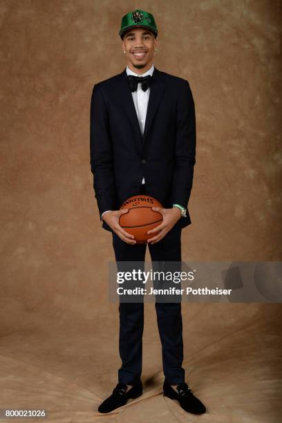 Jayson Tatum poses for a portrait after being drafted number three overall to the Boston Celtics during the 2017 NBA Draft on June 22, 2017 at...