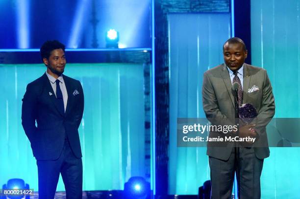 Robert Battle speaks onstage with Jussie Smollett at the Logo's 2017 Trailblazer Honors event at Cathedral of St. John the Divine on June 22, 2017 in...