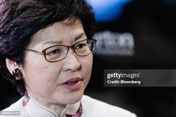Carrie Lam, Hong Kong's chief executive-elect, speaks during a Bloomberg Television interview on the sidelines of the Wharton Global Forum in Hong...
