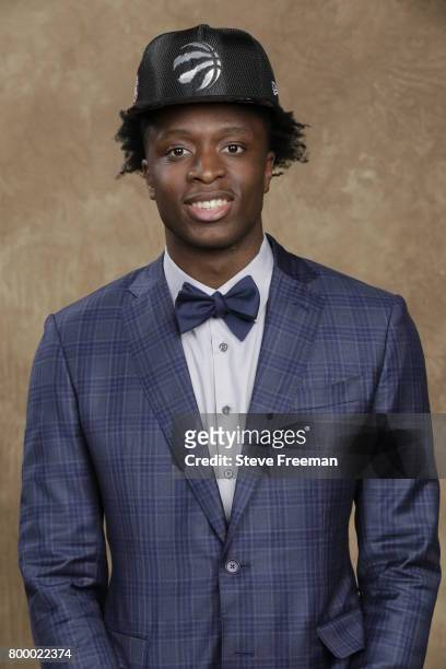 Anunoby poses for a portrait after being selected twenty-three overall by the Toronto Raptors during the 2017 NBA Draft on June 22, 2017 at Barclays...