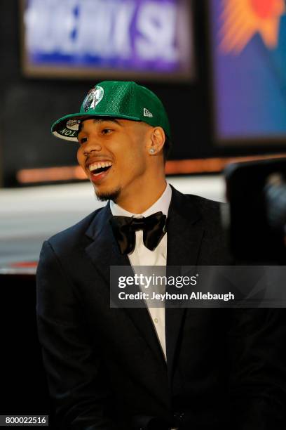 Jayson Tatum is interviewed after being selected third overall by the Boston Celtics at the 2017 NBA Draft on June 22, 2017 at Barclays Center in...