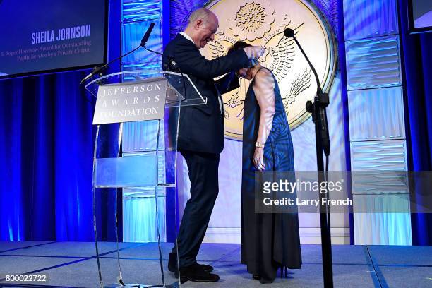 David Gergen presents Sheila Johnson with the S. Roger Horchow Award for Outstanding Public Service by a Private Citizen at The Jefferson Awards...