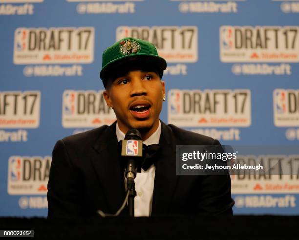 Jayson Tatum speaks to the media after being selected third overall by the Boston Celtics at the 2017 NBA Draft on June 22, 2017 at Barclays Center...
