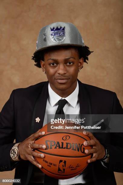 De'Aaron Fox poses for a portrait after being drafted number five overall to the Sacramento Kings during the 2017 NBA Draft on June 22, 2017 at...