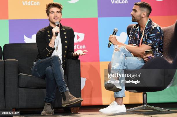 Joey Graceffa and Phillip Picardi speak at the YouTube @ VidCon Brand Lounge at Anaheim Convention Center on June 22, 2017 in Anaheim, California.