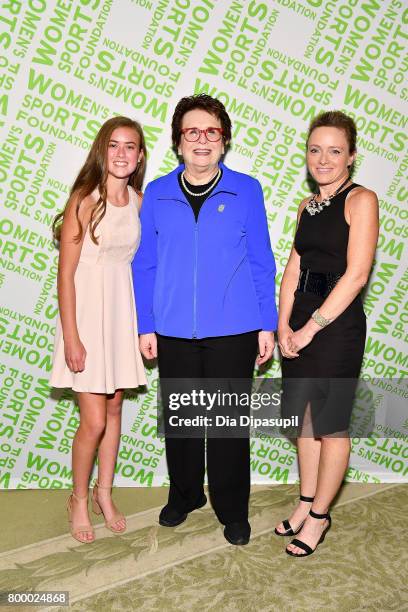 Kellen Richbourg, Billie Jean King, and Laramie Richbourg attend the Women's Sports Foundation 45th Anniversary of Title IX celebration at the...