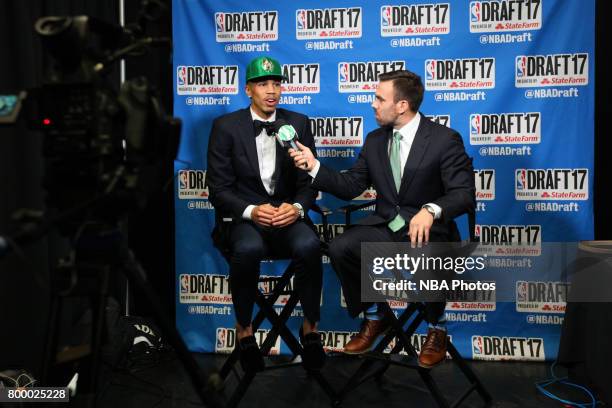 Jayson Tatum speaks to the media after being selected third overall by the Boston Celtics at the 2017 NBA Draft on June 22, 2017 at Barclays Center...