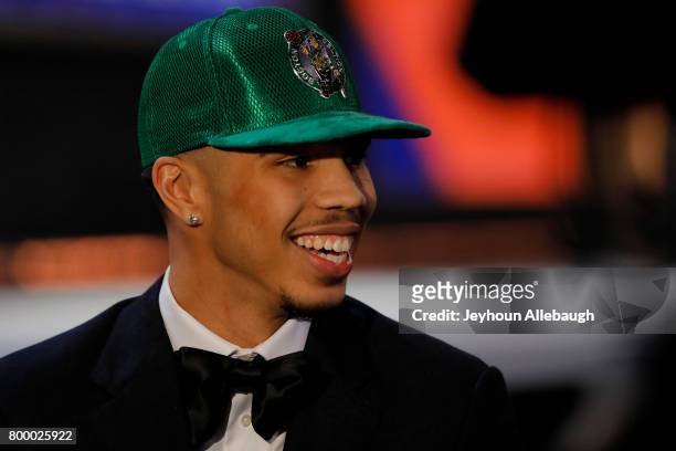 Jayson Tatum is interviewed after being selected third overall by the Boston Celtics at the 2017 NBA Draft on June 22, 2017 at Barclays Center in...