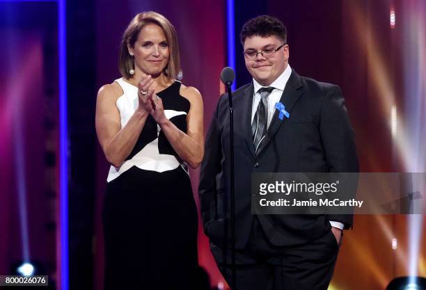 Katie Couric and Gavin Grimm speak onstage at the Logo's 2017 Trailblazer Honors event at Cathedral of St. John the Divine on June 22, 2017 in New...