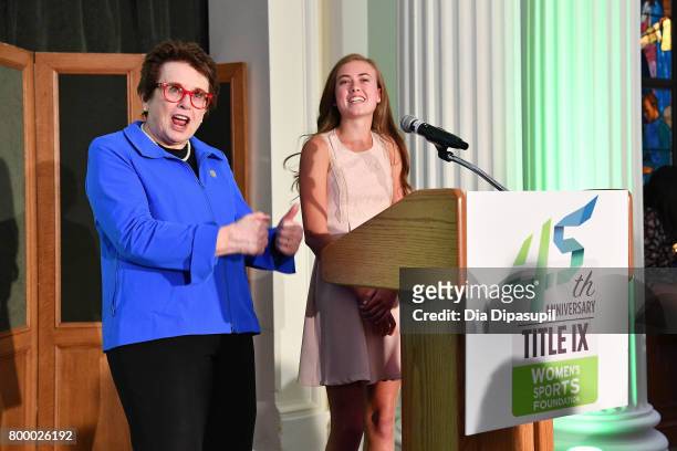 Women's Sports Foundation founder Billie Jean King and Kellen Richbourg speak onstage during the Women's Sports Foundation 45th Anniversary of Title...