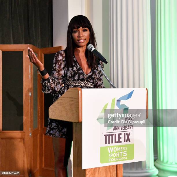 Cari Champion speaks onstage during the Women's Sports Foundation 45th Anniversary of Title IX celebration at the New-York Historical Society on June...