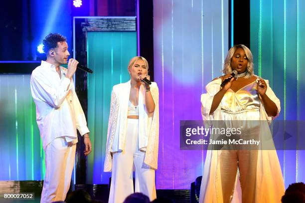 Wrabel, Hayley Kiyoko and Alex Newell perform onstage at the Logo's 2017 Trailblazer Honors event at Cathedral of St. John the Divine on June 22,...