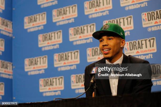 Jayson Tatum is interviewed after being selected third overall by the Boston Celtics at the 2017 NBA Draft on June 22, 2017 at Barclays Center in...