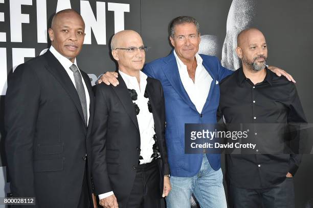 Dr. Dre, Jimmy Iovine, Richard Plepler and Allen Hughes attend HBO's "The Defiant Ones" Premiere at Paramount Studios on June 22, 2017 in Los...