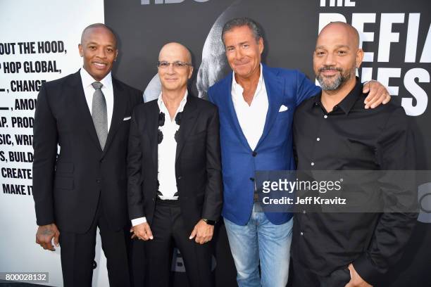 Dr. Dre, Jimmy Iovine, Chairman and CEO of HBO Richard Plepler and Allen Hughes attend HBO's "The Defiant Ones" premiere at Paramount Studios on June...