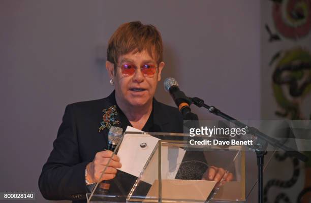 Sir Elton John speaks at the Woodside Gallery Dinner in benefit of Elton John AIDS Foundation in partnership with BVLGARI at Woodside on June 22,...