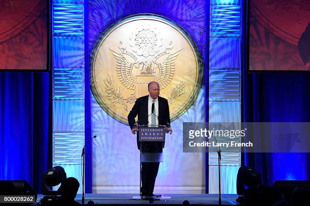 Political commentator David Gergen speaks on stage at The Jefferson Awards Foundation 2017 DC National Ceremony at Capital Hilton on June 22, 2017 in...