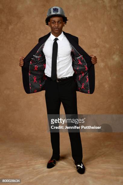 De'Aaron Fox poses for a portrait after being drafted number five overall to the Sacramento Kings during the 2017 NBA Draft on June 22, 2017 at...