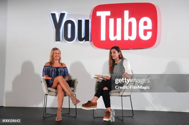 YouTube content creator Mindy McKnight and YouTube head of digital initiative Erin Reich appear at the YouTube @ VidCon Brand Lounge at Anaheim...